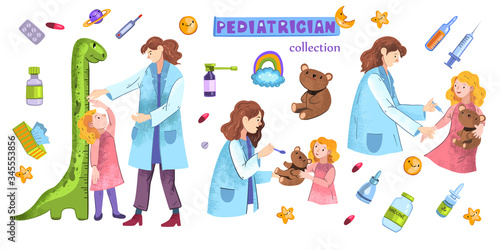 Hand drawn vector set “Pediatrician” with kind female doctor and little red-haired girl at the hospital appointment. With medical objects and smiles. Isolated on white background.   photo