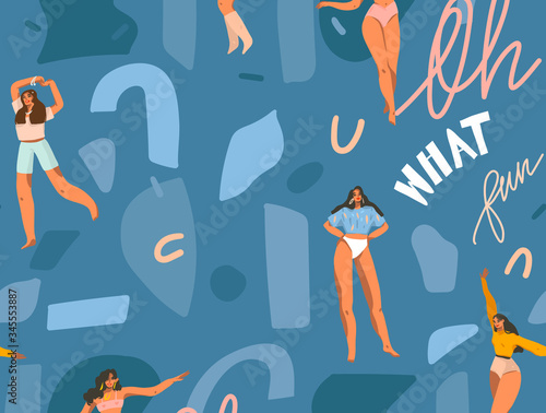 Hand drawn vector abstract cartoon summer time graphic illustrations artistic seamless pattern with relaxing young smiling females have fun isolated on color collage background.