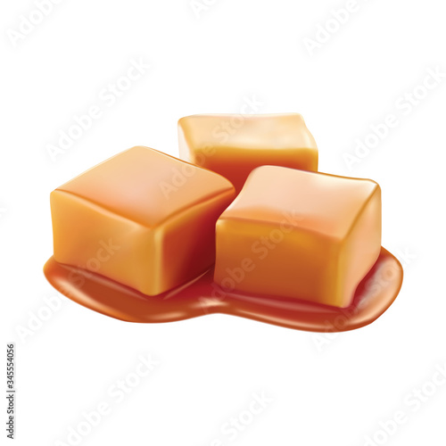Caramel candies glazed with toffee sauce. Vector design isolated on white background. 3D realistic caramel slice vector design.