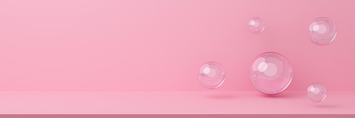 Abstract cosmetics background with pastel geometric shape. 3d rendering for display product, banner on website. Minimal mockup with sphere pattern. Empty showcase for ads. Realistic 3d pink balls.