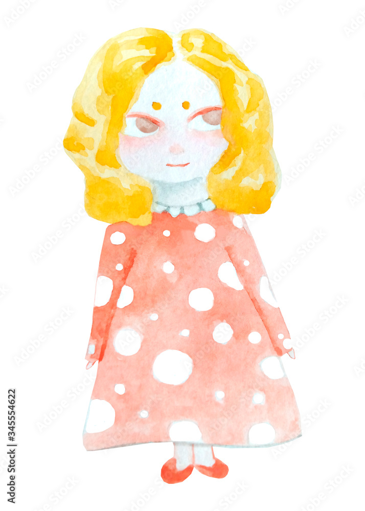 Illustration of cartoon girl with yellow hair in polka-dot dress