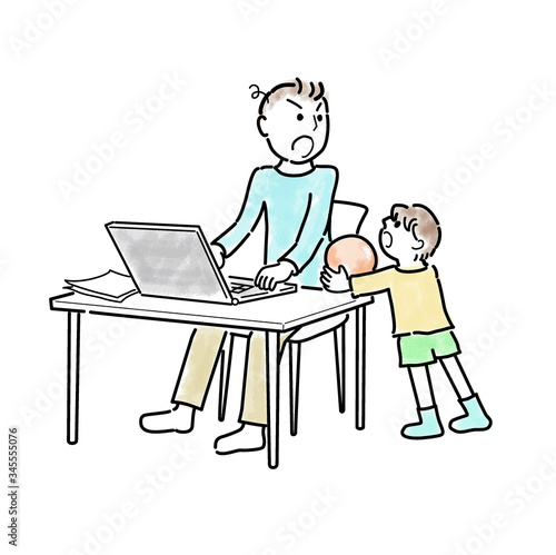 リモートワーク, テレワーク, 在宅, 在宅ワーク, ノートパソコン, 家族, 仕事中, 子供, 息子, 男の子, 人物, 怒る, 男性, オンライン, 断る, PC, 叱る, パソコン, 邪魔, 白バック, 白背景, カット, 挿絵, 素材, イラスト, 揉める, ノートpc, イラストレーション, 父子, 父と子, eps, ベクター, 家ワーク, テレワークあるある, 遊ぼう, 遊ぶ, 遊び