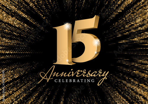 Anniversary 15. gold 3d numbers. Poster template for Celebrating 15th anniversary event party. Vector illustration