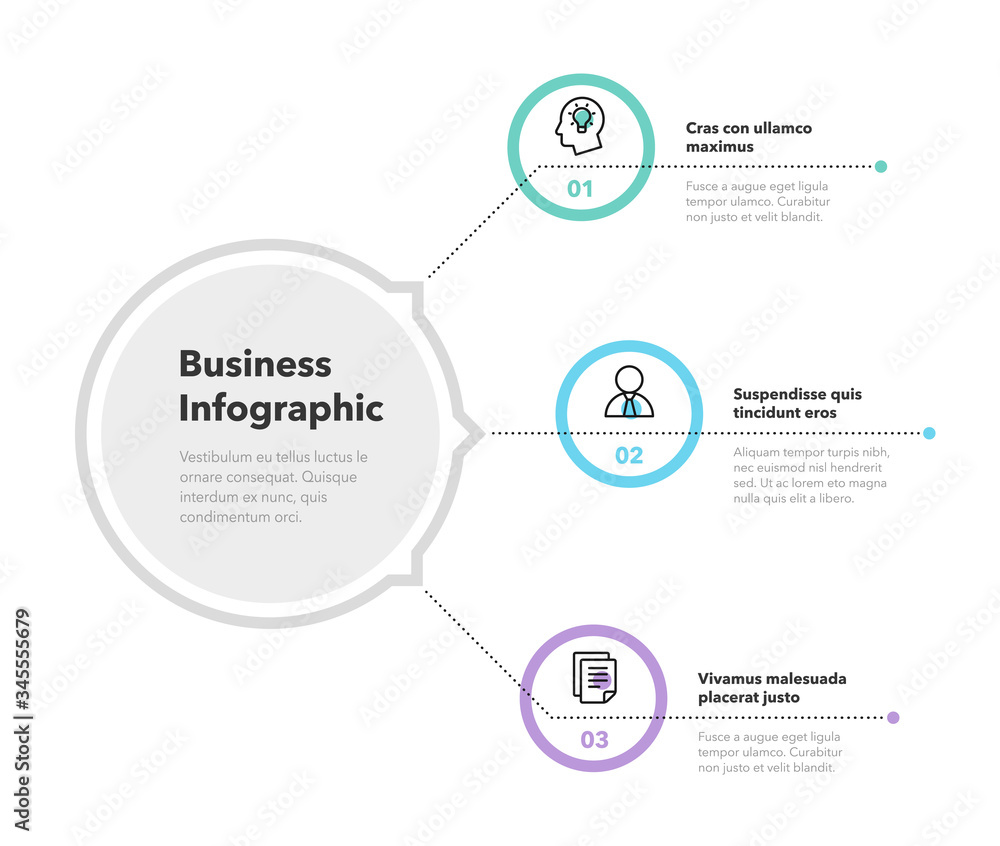 Fototapeta premium Simple concept for business diagram with three steps and place for your description. Flat infographic design template for website or presentation.