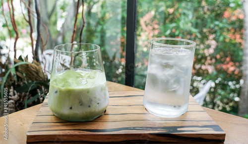 Matcha green tea latte and Drinking water.