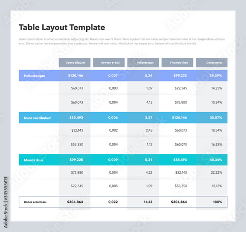 Modern business table layout template with the total sum row and place for your content. Flat design, easy to use for your website or presentation.