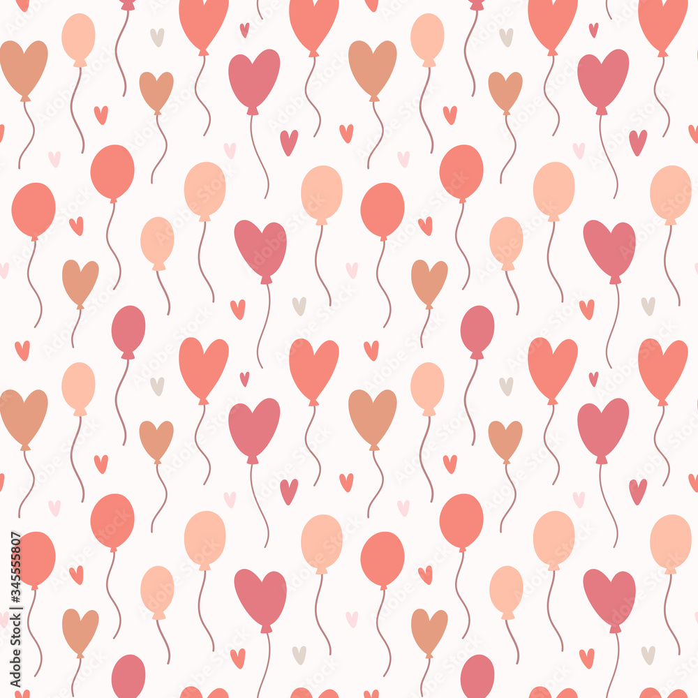 Balloon pattern, cute various heart shaped baloons, hand drawn illustration, simple doodle drawing, romantic background for card or gift wrapping paper, trendy muted colors