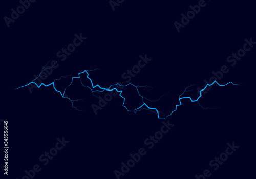 Blue lightning flash bolt. Bright light effects. Thunderbolt on dark background. Vector