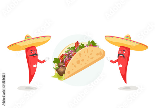 Traditional Mexican Food Restaurant Advertising. Two chili characters with mustache in sombrero and taco. Vector
