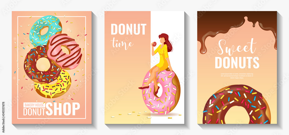 Set of flyers for Donut Shop, Sweet products, Bakery, Confectionery, Dessert. Donuts with various toppings and tiny woman. A4 vector illustration for poster, banner, flyer, commercial, menu, cover. 