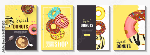 Set of flyers for Donut Shop, Sweet products, Bakery, Confectionery, Dessert. Donuts with various toppings. A4 vector illustration for poster, banner, flyer, commercial, menu, cover, advertising. 