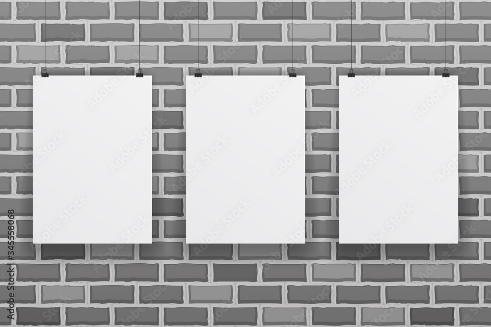 Three blank white paper sheet on raw brick wall background vector illustration Three blank white paper sheet on raw brick wall background vector illustration