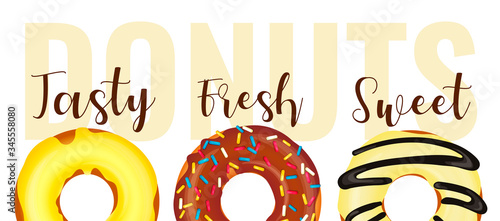 Banner design for Donut Shop, Sweet products, Bakery, Confectionery, Dessert. Donuts with various toppings. Vector illustration for poster, banner, cover, commercial, menu. 