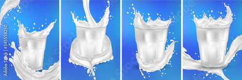 Milk in a transparent glass. Splash milk on the blue background. Cocktail milk. Realistic fresh milk splashing. 3D vector set