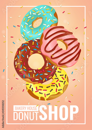 Banner design for Donut Shop, Sweet products, Bakery, Confectionery, Dessert. Set of flying donuts with various toppings. A4 Vector illustration for poster, banner, commercial, menu, flyer. 