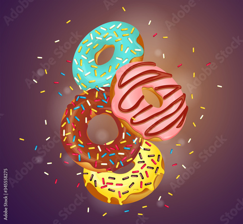 Set of flying donuts with various toppings. Donut Shop, Sweet products, Bakery, Confectionery, Dessert concept. Vector illustration for poster, banner, commercial, menu, print, card, cover. 