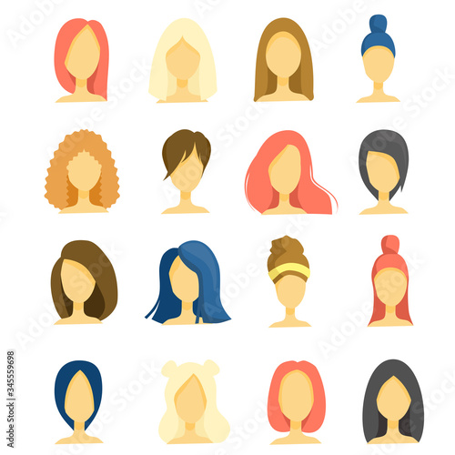 Beautiful faces of young girls, different hairstyles, haircuts, long, short hair, brunettes, brown-haired women, blondes and redheads. Avatars, icons isolated on a white background.