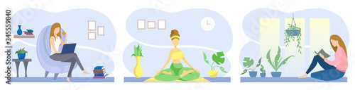 Flat vector illustration. The girl was isolated in an apartment under quarantine. Homework, reading books, distant work, yoga.