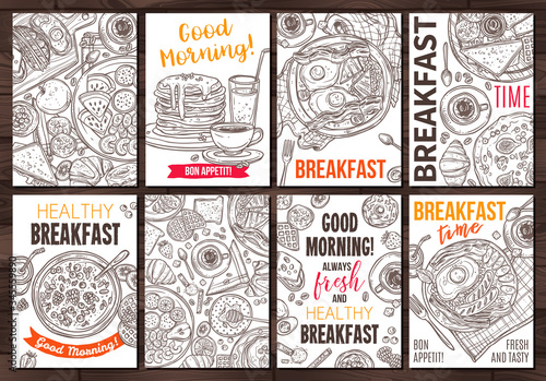 Set of breakfast card. Collection of banners and design for templates, menu. Food vector sketch hand drawn illustrations for layout