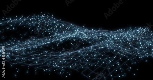 A plexus grid with a stormy wave motion and particles. 3D Rendering in 4K.
