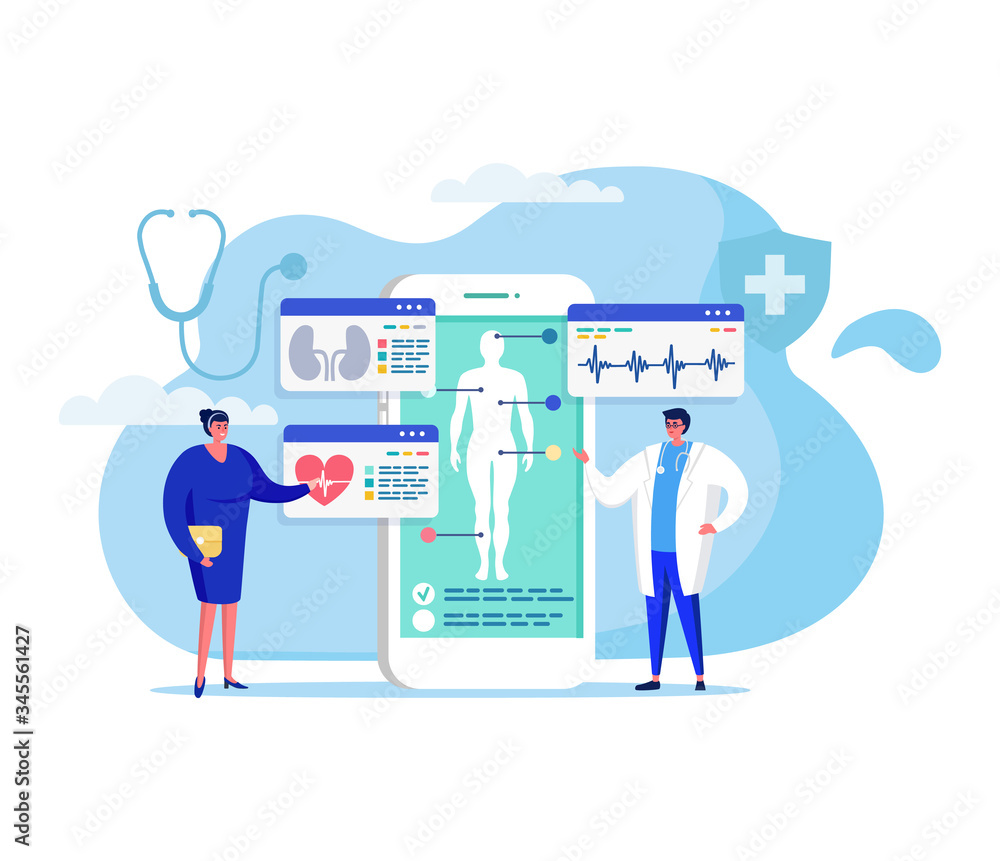 Online medicine concept vector illustration. Cartoon flat tiny woman patient character meeting with man doctor for diagnosis, treatment or consultation, using smartphone app isolated on white