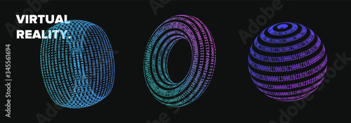 Set of 3d shapes made of binary code. Concept of virtual reality, artificial intelligence. Collection of vector elements for logotype, poster, cover design in vaporwave and synthwave style.