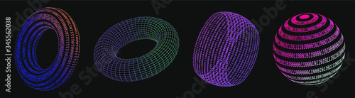 Set of 3d shapes made of binary code. Concept of virtual reality, artificial intelligence. Collection of vector elements for logotype, poster, cover design in vaporwave and synthwave style.