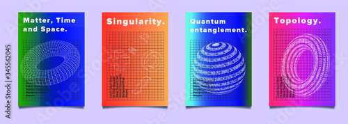 Set of vaporwave and synthwave style posters with binary code and 3d figures. Collection of futuristic cyberpunk covers for music, hackathon or science event.