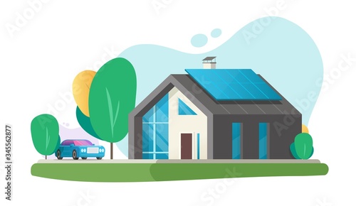 Home eco modern future or contemporary luxury house architecture building with smart solar panel energy technology vector flat 3d cartoon, ecological green business property villa exterior design