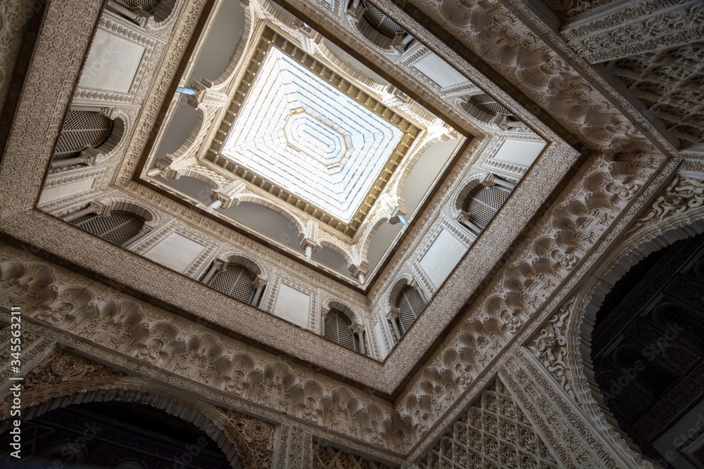 September 9, 2019, Sevilla, Andalusia, Spain, interior of beautiful moorish palace Alcazar with carved walls and ceilings