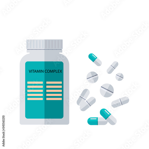 Vitamin complex, plastic bottle and pills, capsules isolated on white background. Precautions in the fight against coronavirus. Vector
