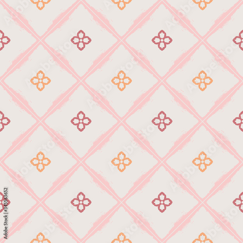 Abstract floral pattern on diamond shapes seamless vector pattern. Simple background in pastel colors for wallpaper, fabric, paper, textile. Hand drawn.