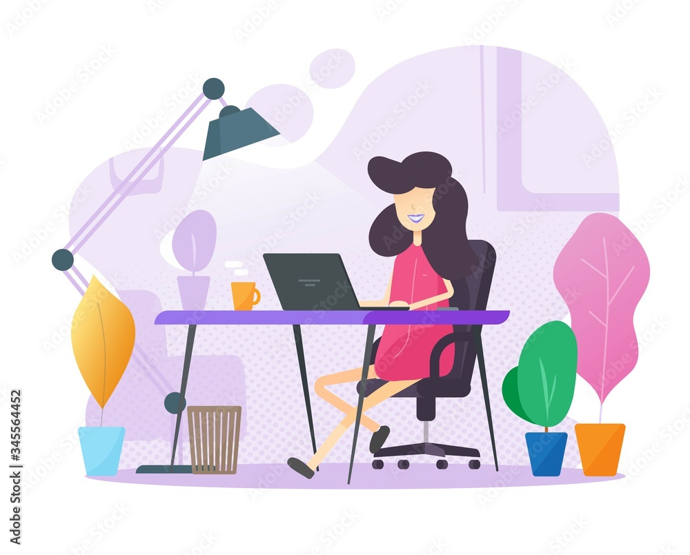 Working from home office person sitting on table workplace or freelancer girl distance job online on laptop computer work desk in house room vector flat colorful cartoon, learning or study idea