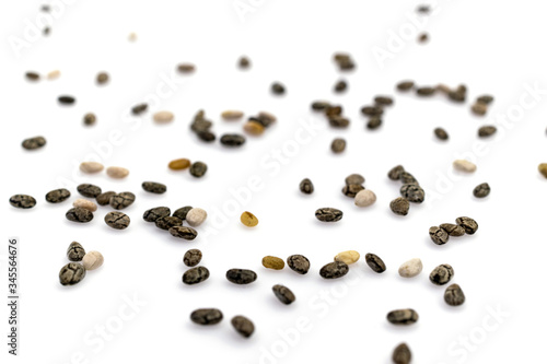 Healthy grains organic Chia Seeds background. Pile nutrition food isolated on white. dieting and detoxication concept with mineral nutrients. Macro close-up shot. © Maksym
