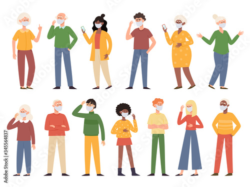 Vector illustration with standing people in medical face mask