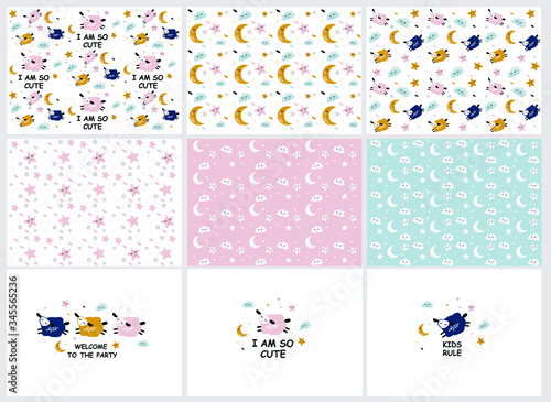 Collection Vector  pattern with cute sheep moon clouds. Night nursery background. For children, clothes, fabrics, textiles, wrapping paper, wallpaper, scrapbooking, etc.