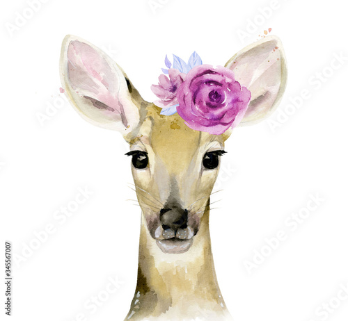 Billede på lærred Fawn with flowers on the head