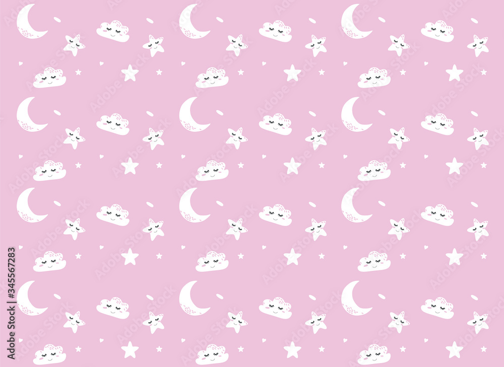 Vector pattern with cute star, moon, clouds. Night nursery background. For children, clothes, fabrics, textiles, wrapping paper, wallpaper, scrapbooking, etc. Vector pattern with cute star, moon, clouds. Night nursery background. For children, clothes, fabrics, textiles, wrapping paper, wallpaper, scrapbooking, etc.