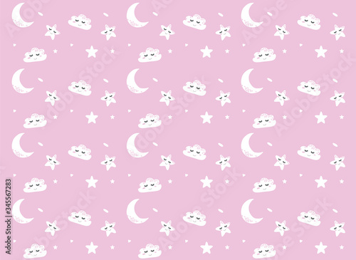 Vector  pattern with cute star, moon, clouds. Night nursery background. For children, clothes, fabrics, textiles, wrapping paper, wallpaper, scrapbooking, etc.