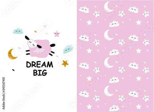 Vector  pattern with cute sheep moon clouds. Night nursery background. For children, clothes, fabrics, textiles, wrapping paper, wallpaper, scrapbooking, etc.