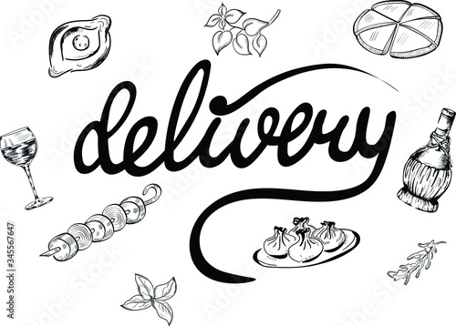 Delivery georgian food, drink, lettering vector isolated illustration on white background. Concept for banner, menu, cards 