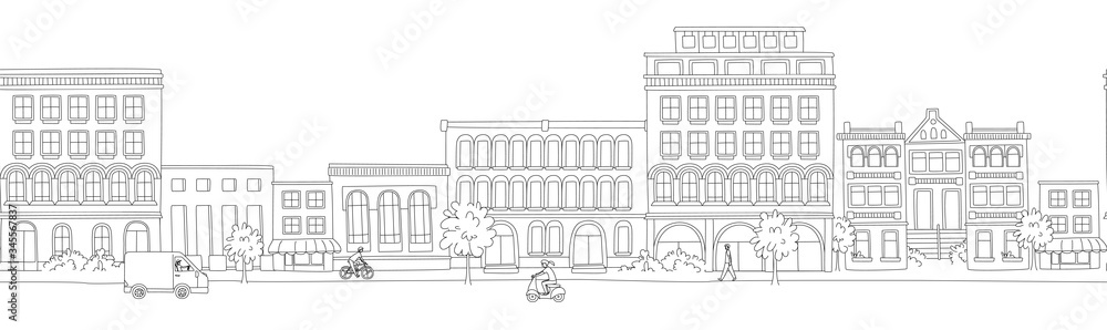 Cityscape, houses, buildings, street with pedestrians, traffic. Seamless pattern border