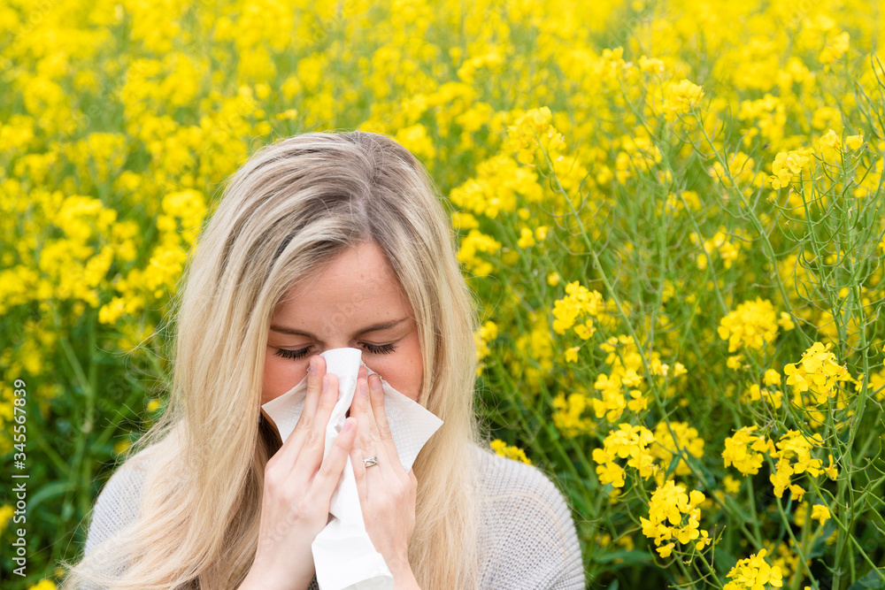 Young woman suffers from allergy in a rape field and has to sneeze Young woman suffers from allergy in a rape field and has to sneeze
