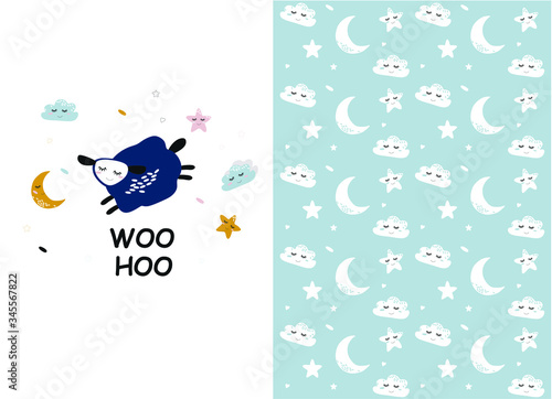 Vector  pattern with cute sheep moon clouds. Night nursery background. For children  clothes  fabrics  textiles  wrapping paper  wallpaper  scrapbooking  etc.
