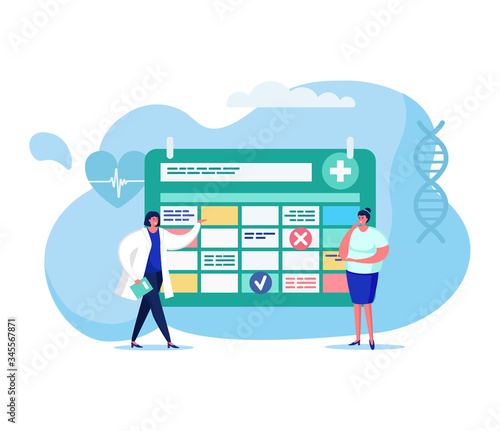 Online medicine concept vector illustration. Cartoon flat tiny woman patient character makes appointment with doctor in hospital, choosing date on calendar. Mobile healthcare service isolated on white