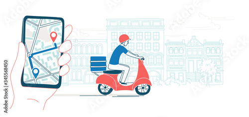 Mobile app navigator track courier delivering food by scooter