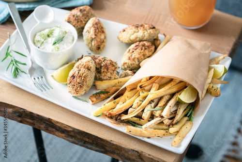 Vegan Healthy Fish and Chips Alternative: Cauliflower Croquettes with Parsnip chips