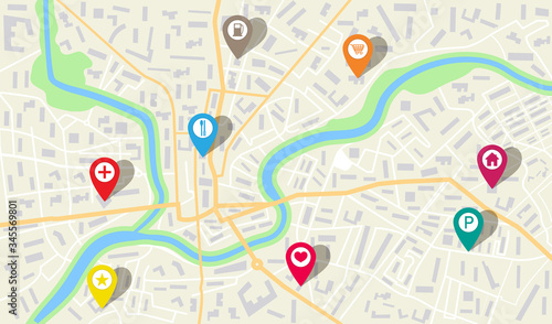 Map city with gps pins. Direction markers for navigation. Street, road, park, river on plan town. Background with location system. Urban map with information pointer, sign, arrow for travel. Vector.