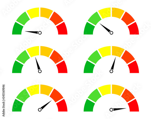 Risk meters. Gauge and icon of speedometer. Score of performance, speed, power, pressure and progress. Dial with low, medium and high level. Test on dashboard in car. Good or bad rating. Vector