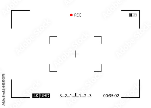 Recording video of camera. Frame, focus and rec. Viewfinder on screen. Background for photo, snapshots, videography, photography. Shutter, lens, zoom, display, recorder of camcorder. Vector